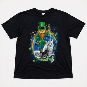 Cat kitty meow Unicorn Rainbow StPatricks Leprechaun Black T Whimsycal 2XL